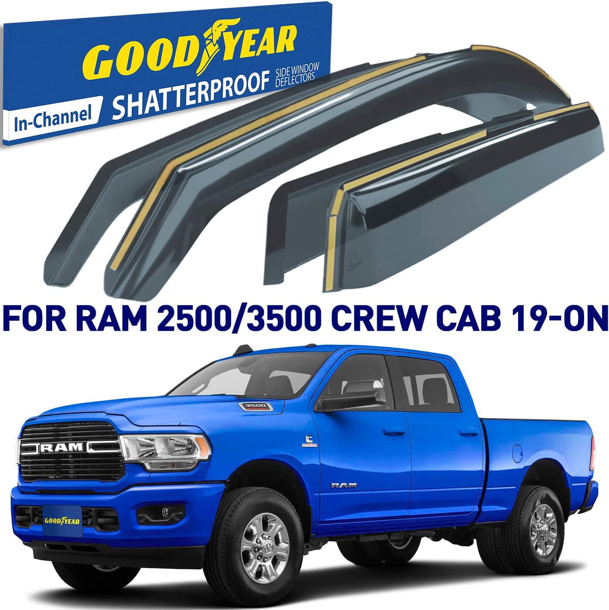 Shatterproof Side Window Deflectors for Dodge RAM 2500 3500 2019-2022 Crew Cab, 4pcs P53204