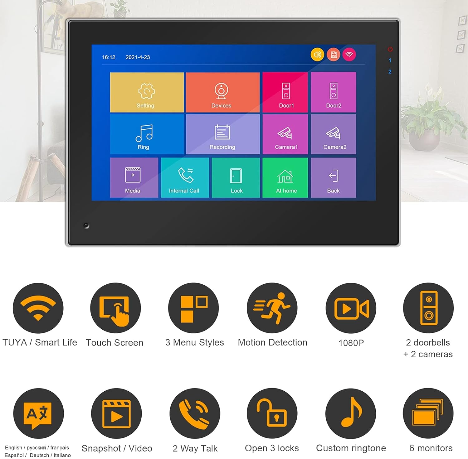 WiFi Video Doorbell with Monitor, 7 Inch Touch Screen Camera 1080P, RFID Password Unlock H1222