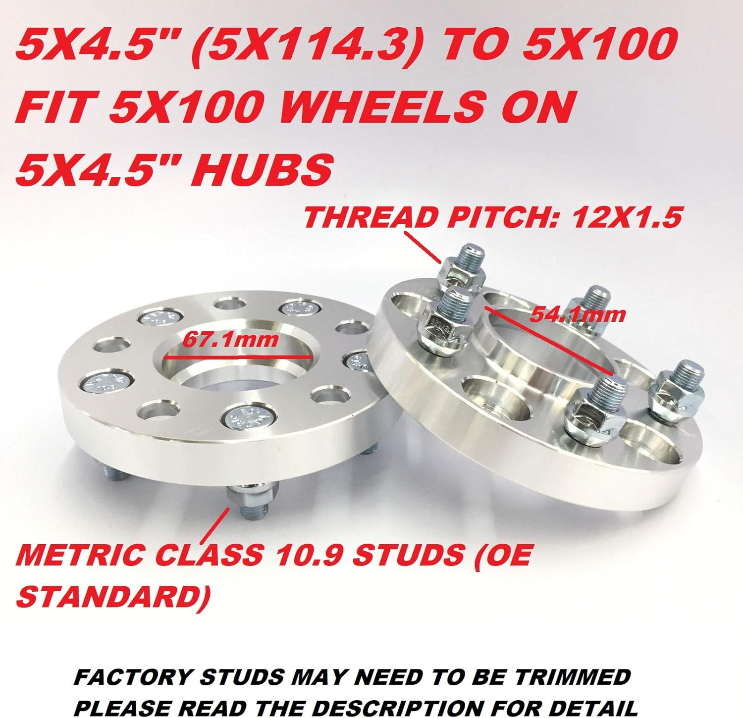 2 Pieces 20mm Hub Centric Wheel Adapters 5x114.3 to 5x100 67.1 to 54.1mm Center Bore 12x1.5 Thread Pitch L305
