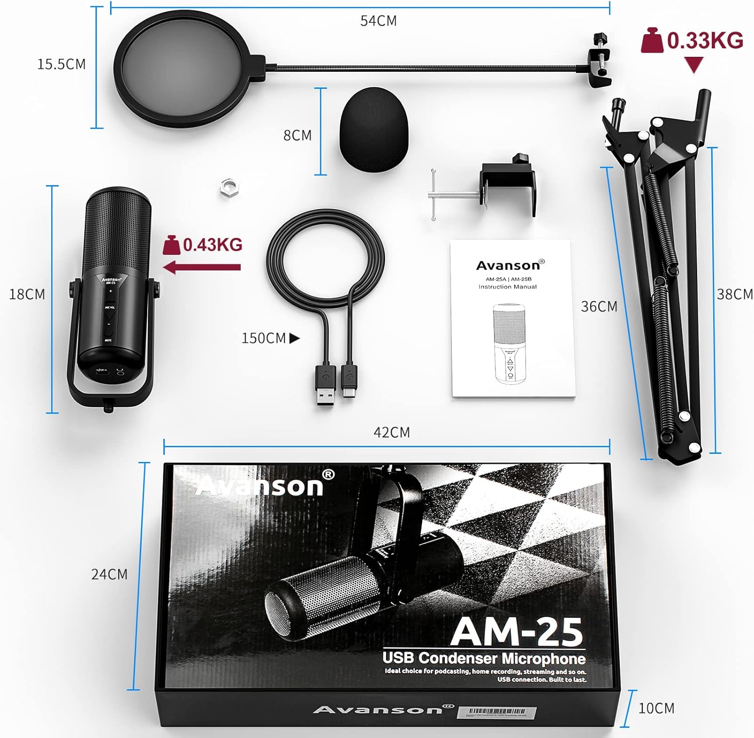 USB Condenser Microphone with Adjustable Boom Arm Kit, Pack of 2 E271