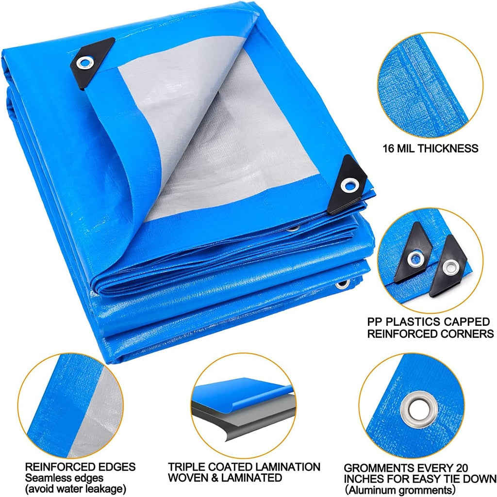 Blue Heavy Duty Waterproof 16 Mil Thick Tarpaulin with Metal Grommets 20x30 G6237