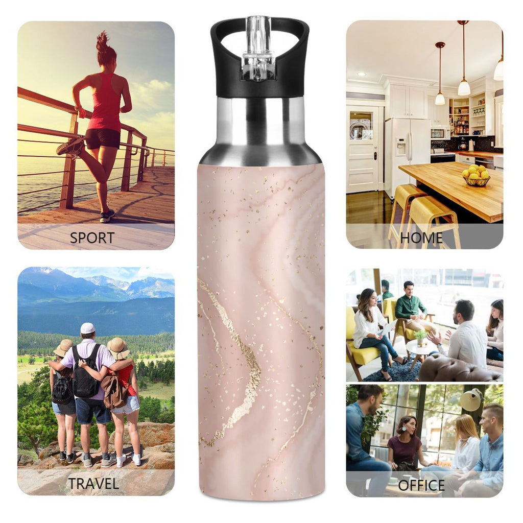 Pink Marble Stainless Steel Insulated Water Bottle with Straw Lid B496