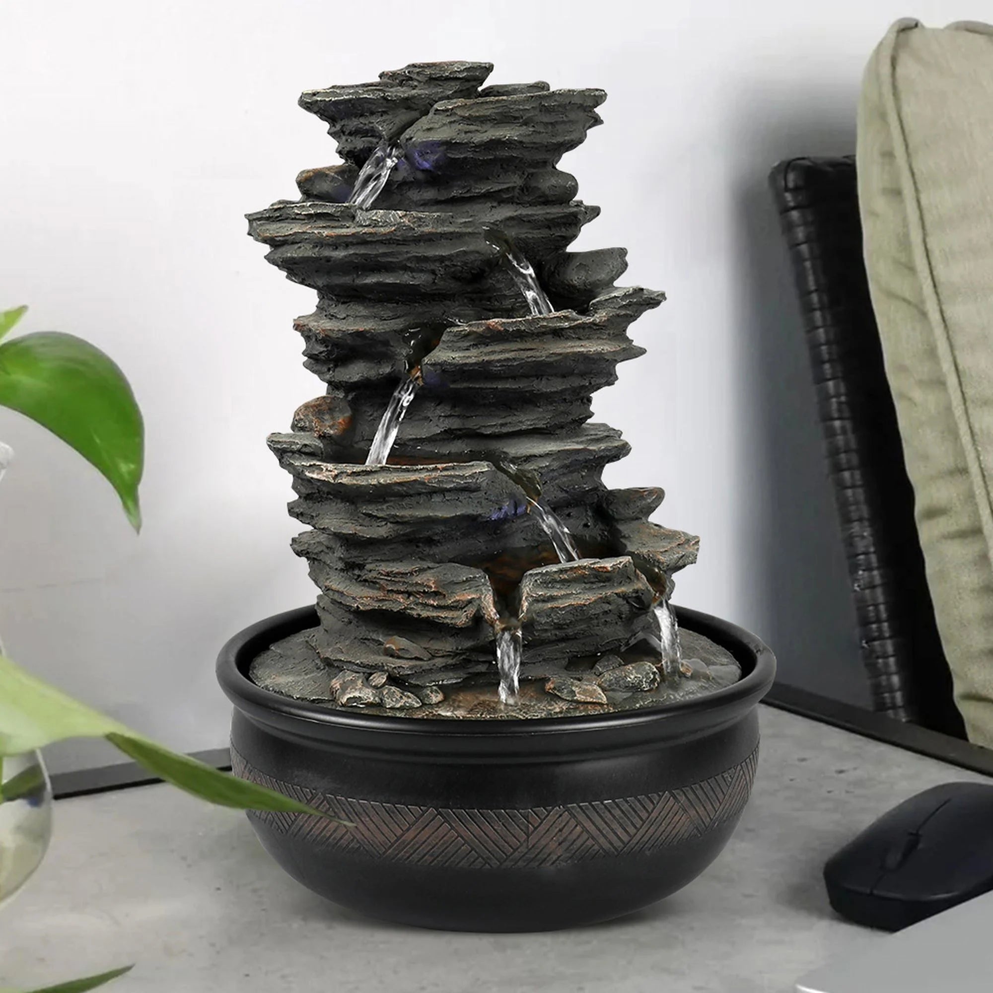 Tabletop Water Fountain with LED Light, Indoor Rock Resin Fountain I961