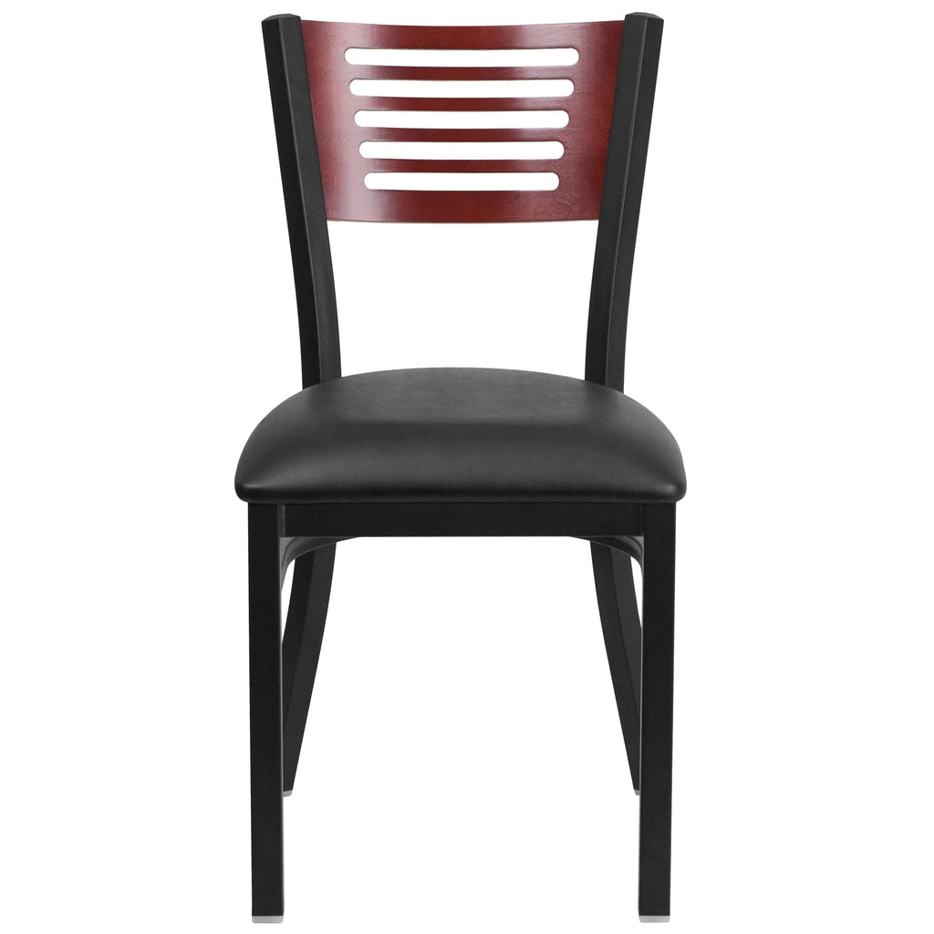 Black Slat Back Metal Restaurant Chair with Wood Back and Vinyl Seat S40501