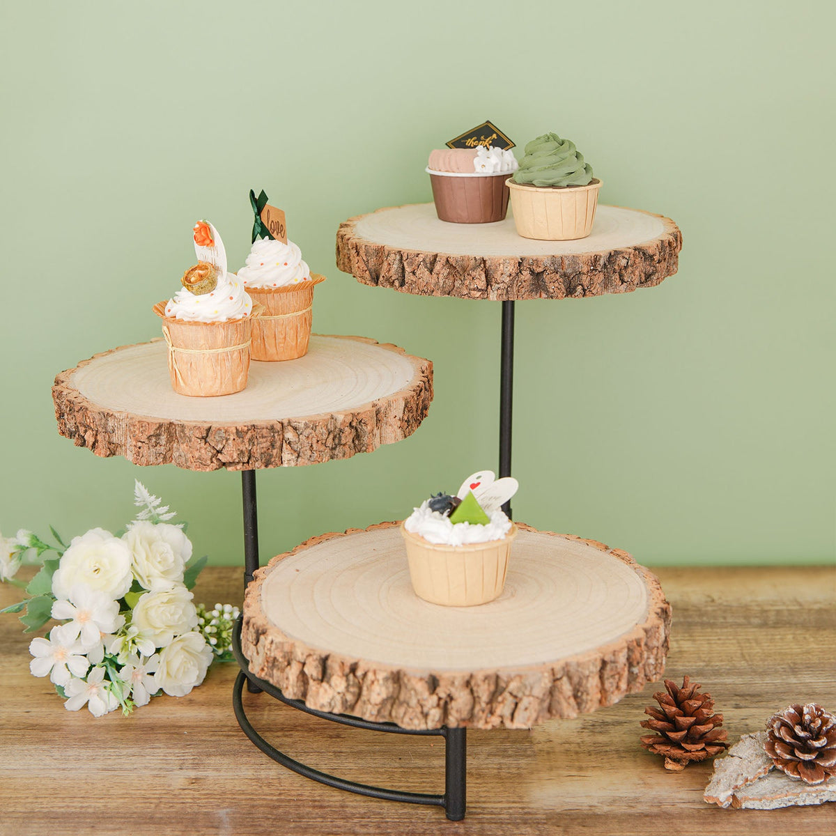 3-Tier Wood Slice Cheese Board and Cupcake Stand A4440