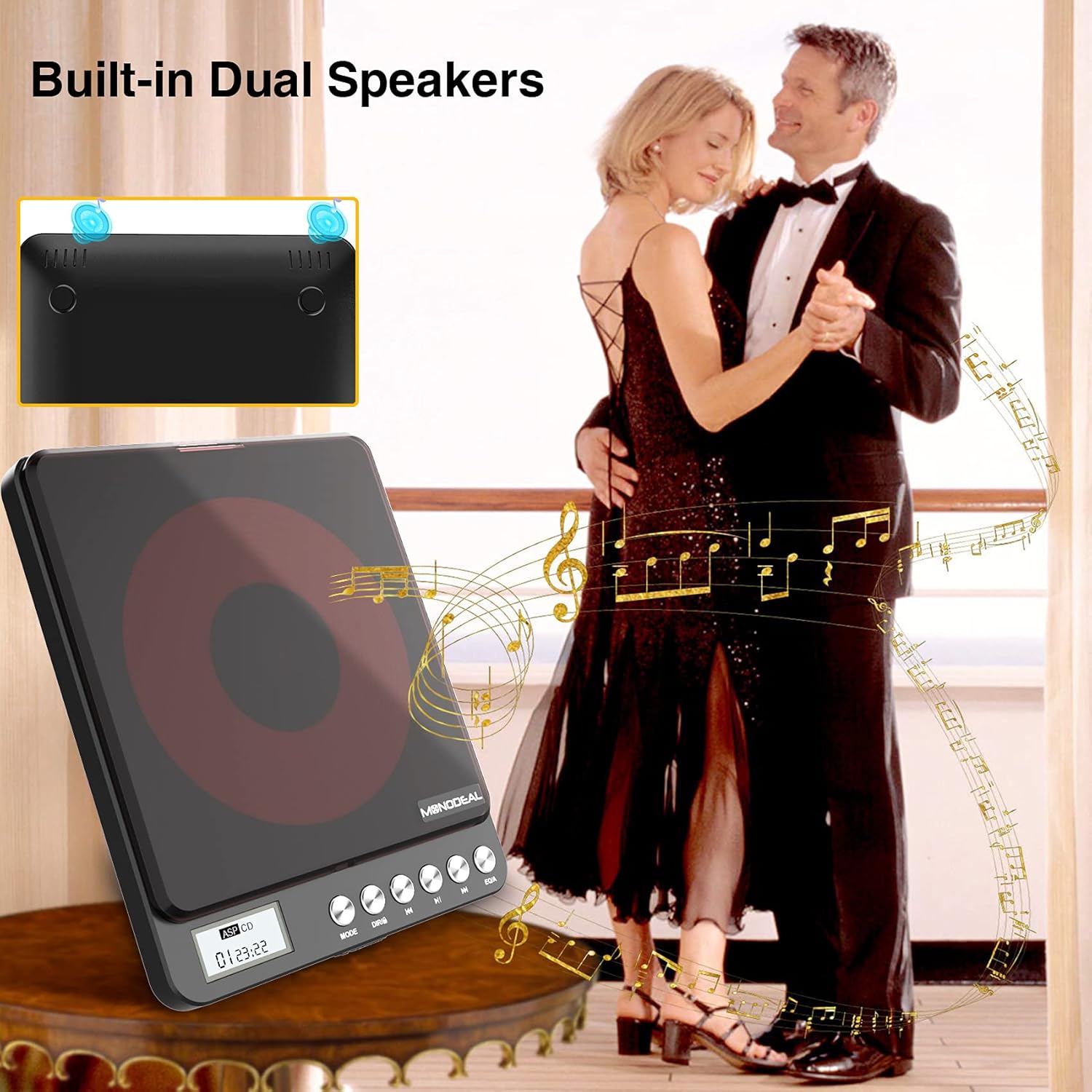 Portable CD Player with Built-in Speakers, Rechargeable, Dual Headphone Jacks, Black M771