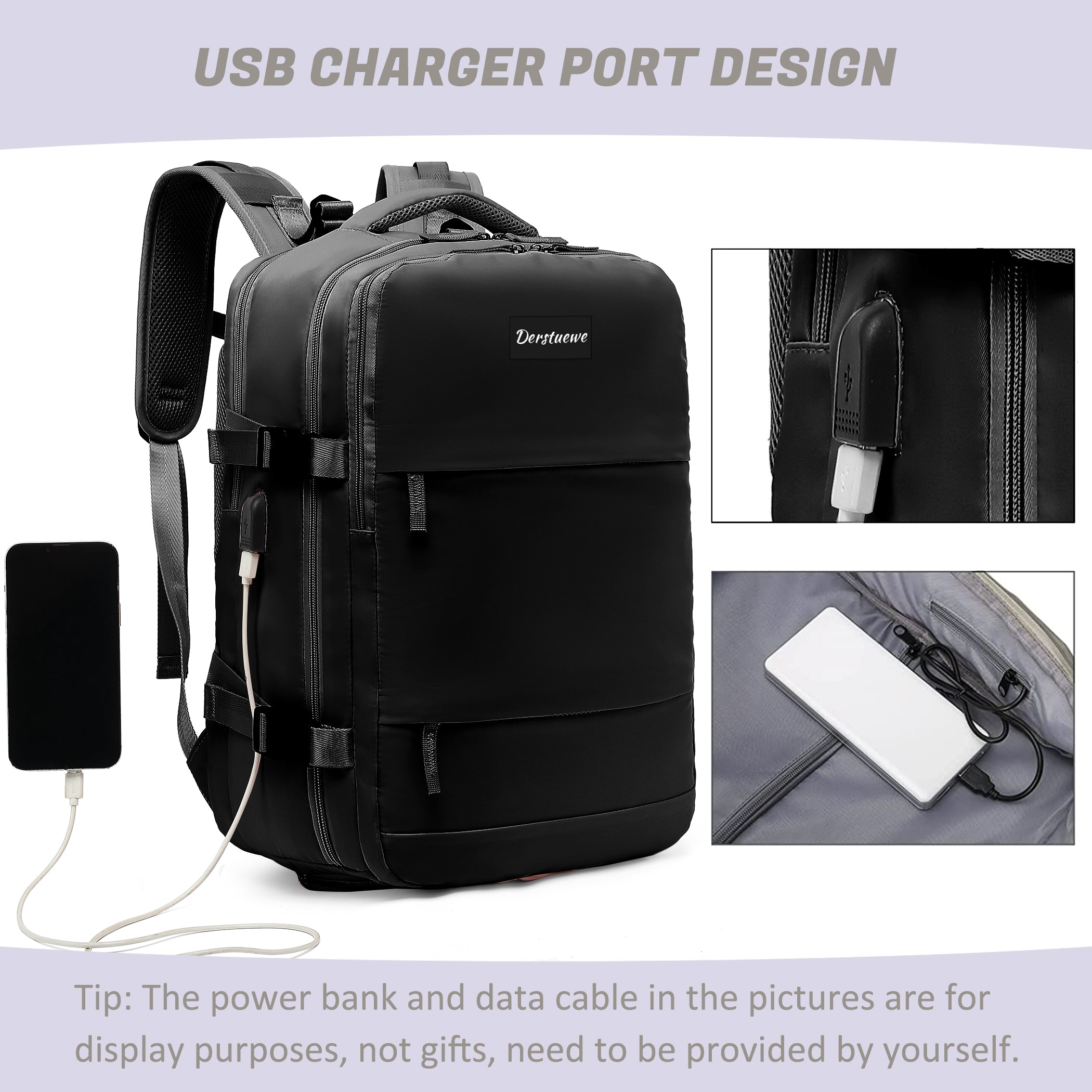 Black Waterproof Laptop Travel Backpack with USB Charging Port A305