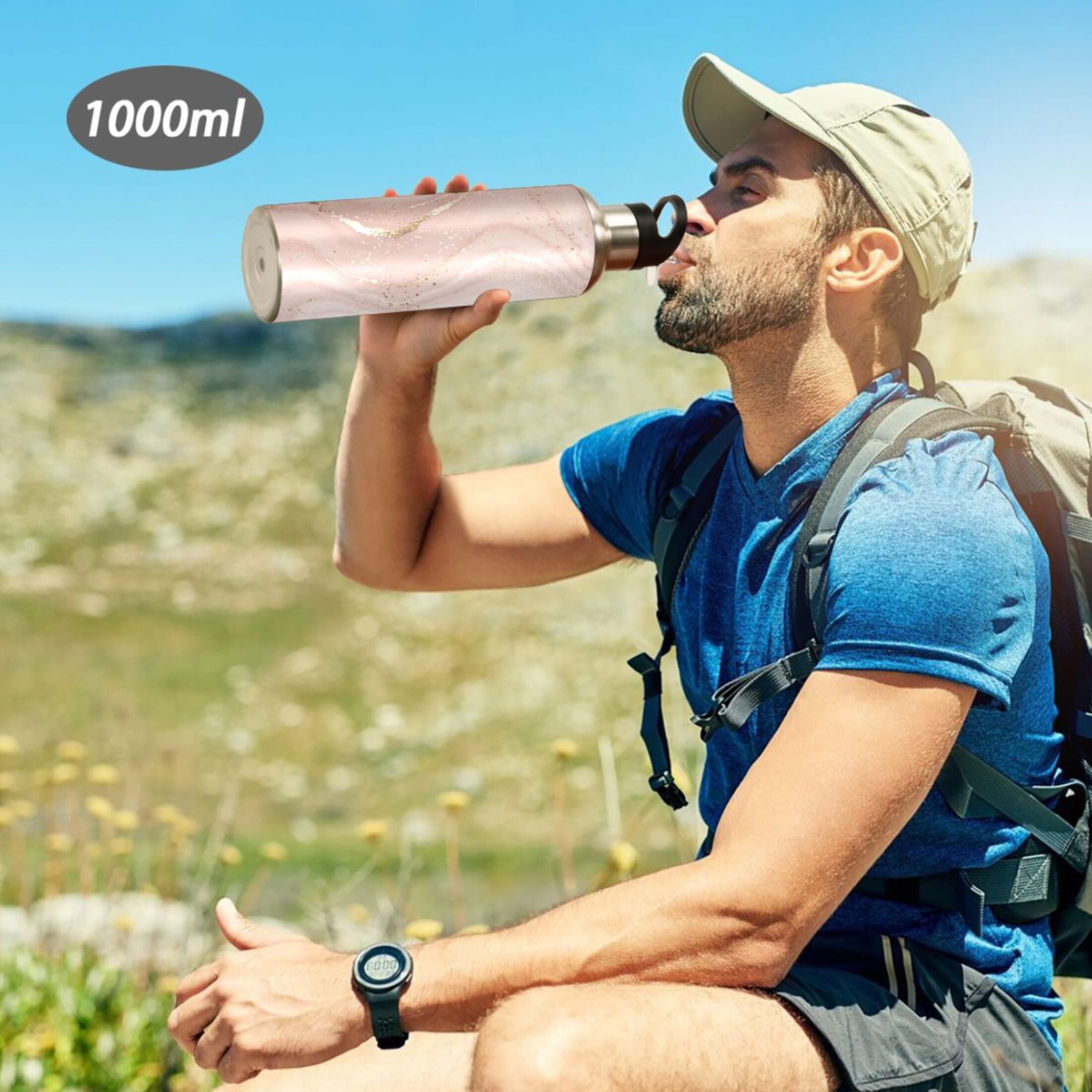 Pink Marble Stainless Steel Insulated Water Bottle with Straw Lid B496