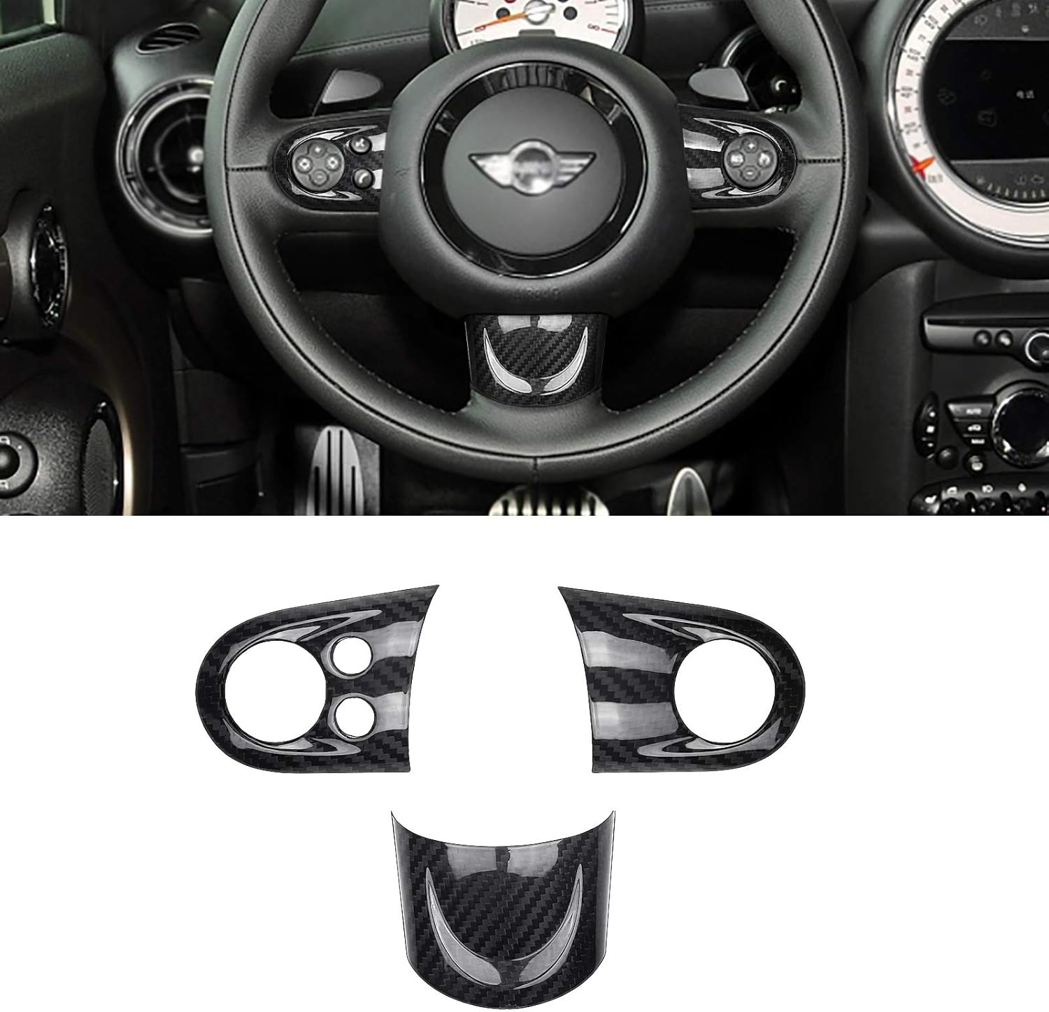 Carbon Fiber Steering Wheel Cover Trim 3Pcs Black T3506