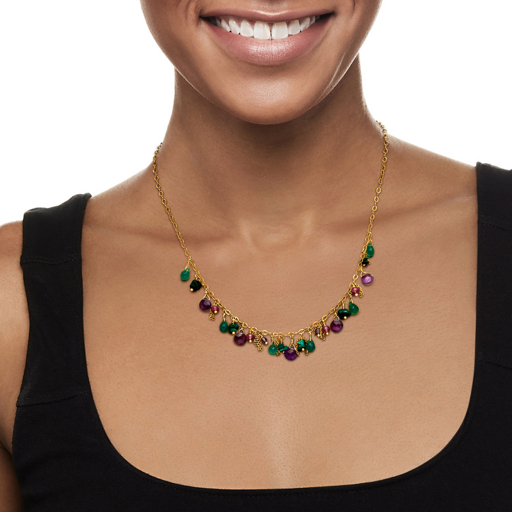Multi-Gemstone Bead Drop Necklace in 24kt Gold Over Sterling E184552