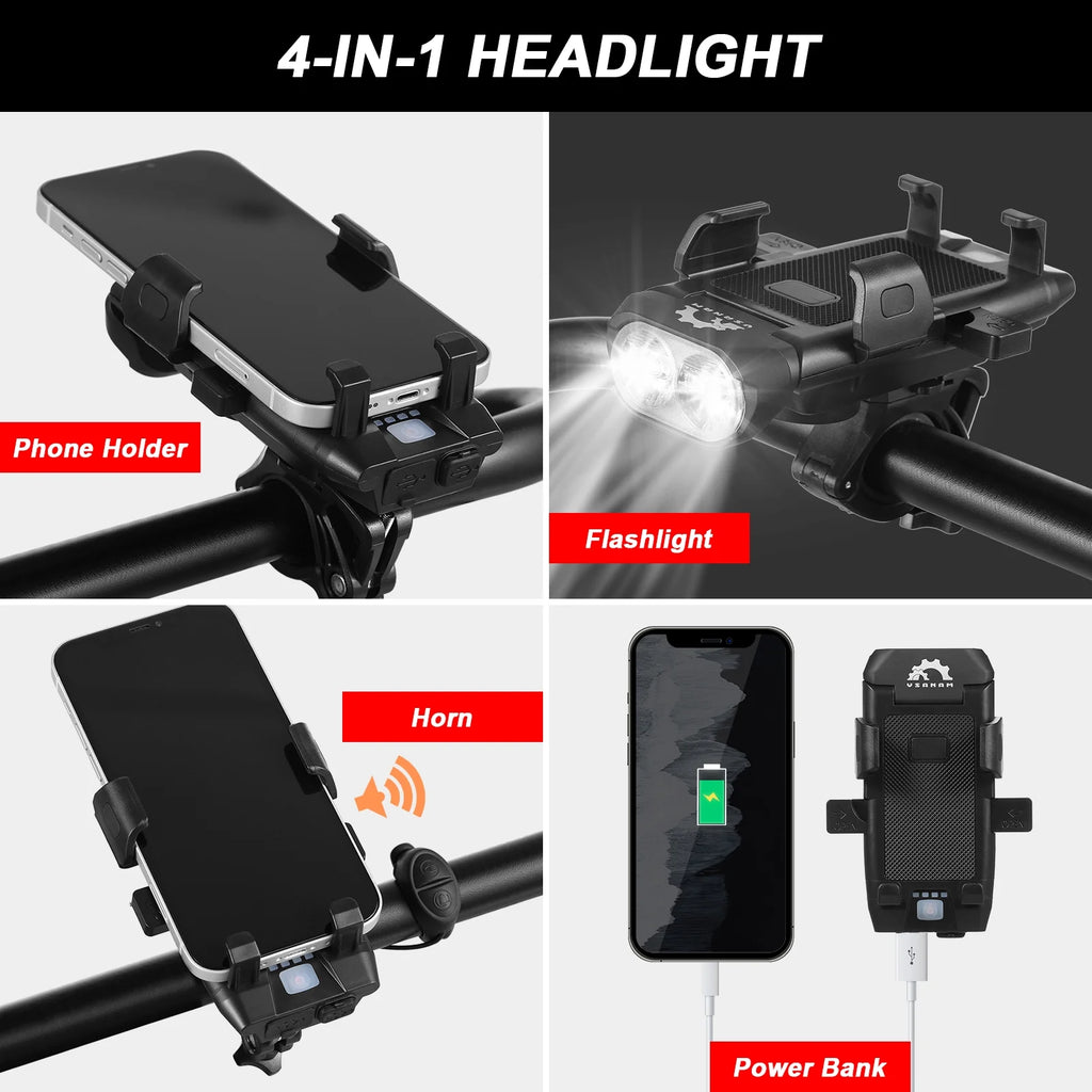 Front and Rear 4 in 1 USB Rechargeable Waterproof Headlight with Phone Holder Horn U365420