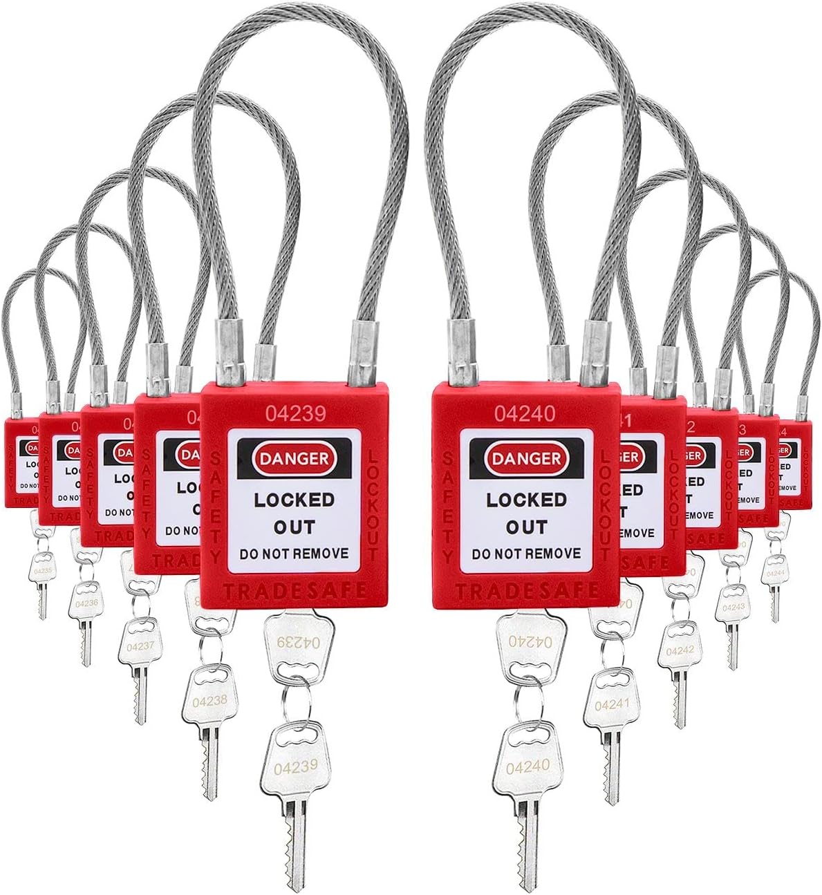 Steel Cable Lockout Padlock Set, 10 Red, Keyed Different, 2 Keys per Lock, Pack of 2 K881964