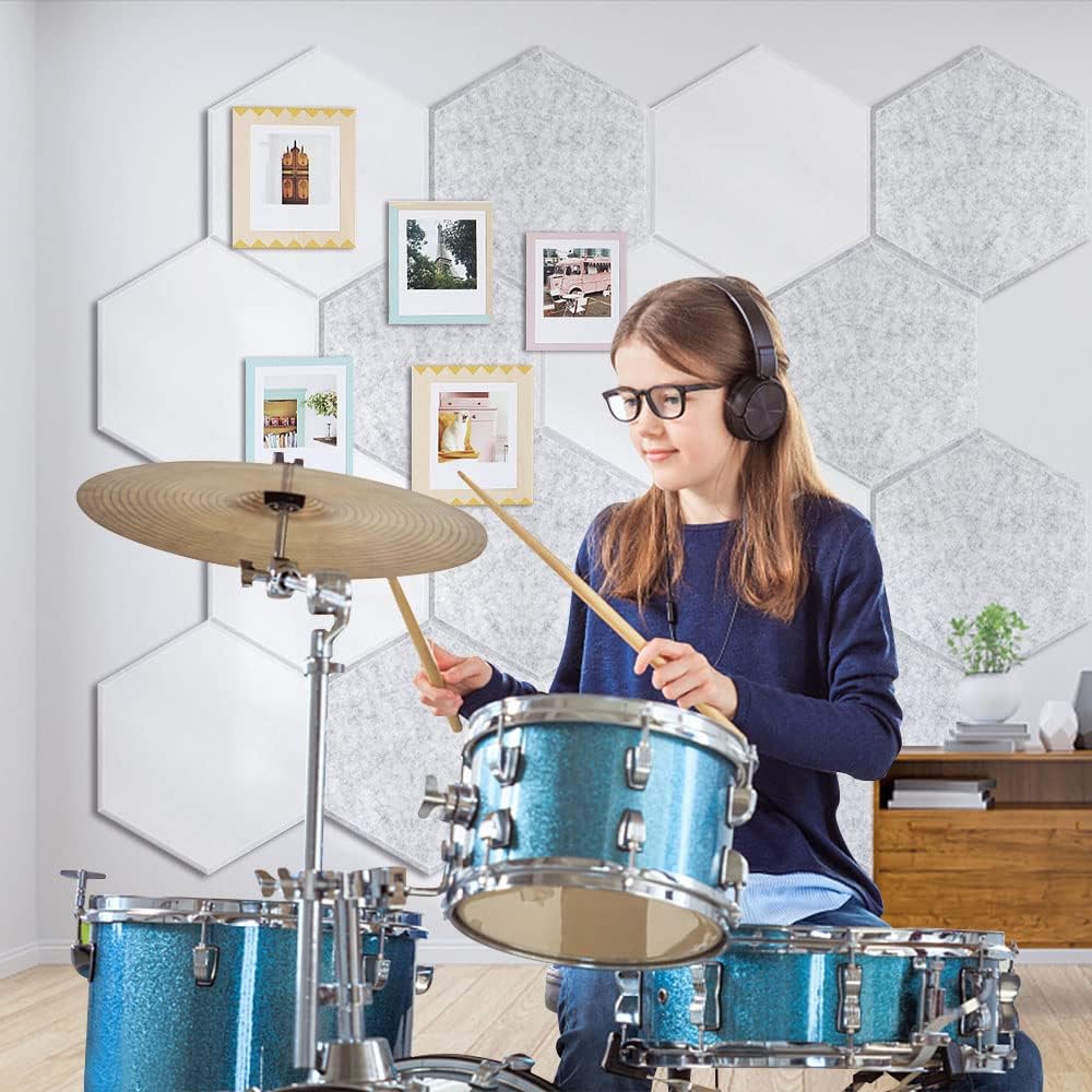 12 Pack Self adhesive Hexagon Acoustic Panels Sound Proof Foam Panels, Grey E1558