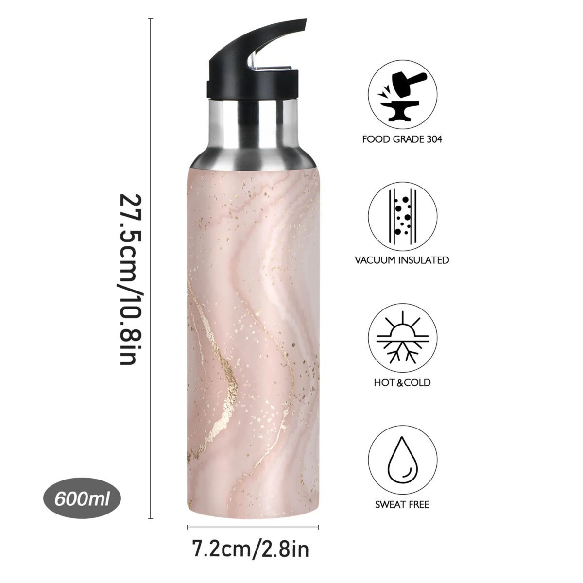 Pink Marble Stainless Steel Insulated Water Bottle with Straw Lid B496