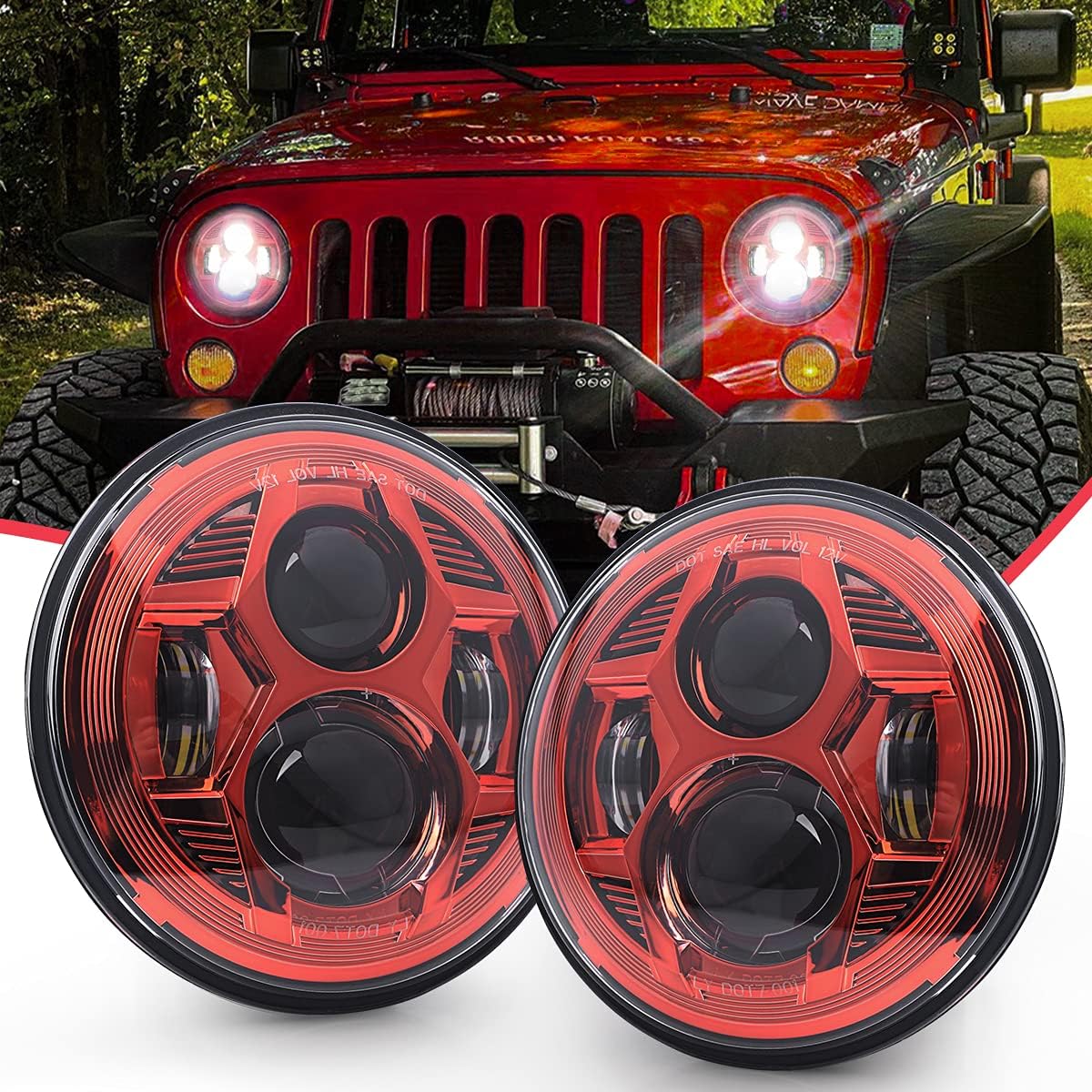 7 Inch Red Round LED Headlights X194167