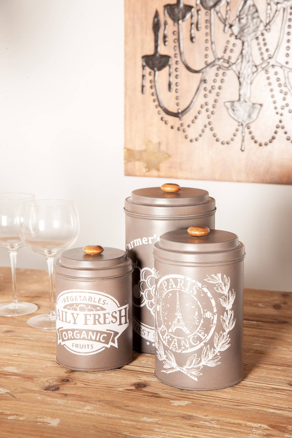 Black Tin Canisters with Wooden Lid, Set of 3 Q3692