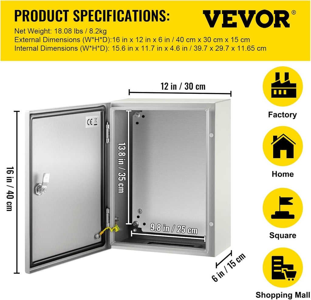 16'' ×12'' ×6'' Carbon Steel Hinged Junction Box, IP66 Waterproof & Dustproof, with Mounting Plate V292244