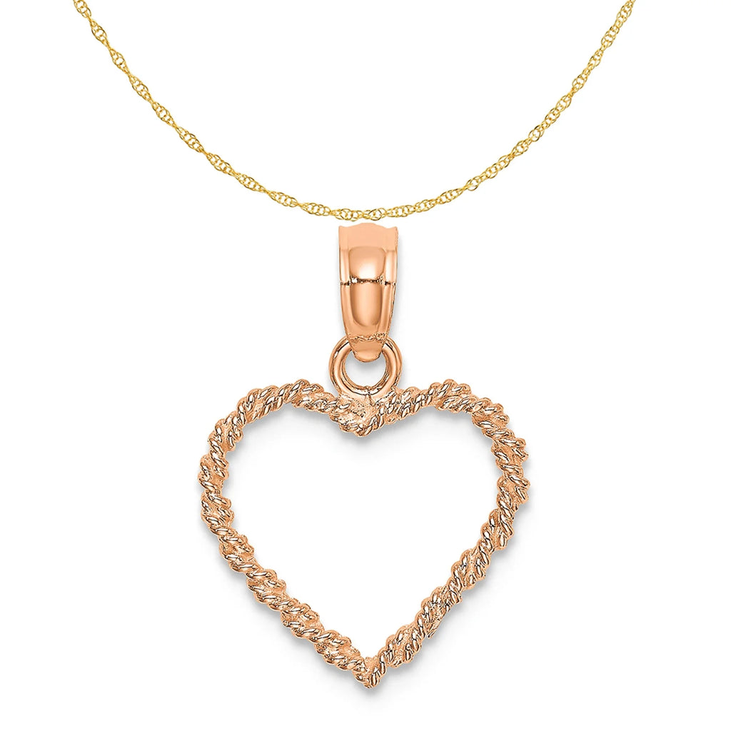 14K Rose Gold 3D Polished Rope Heart Pendant With 10K Yellow Gold Lightweight Rope Chain 16" G84739