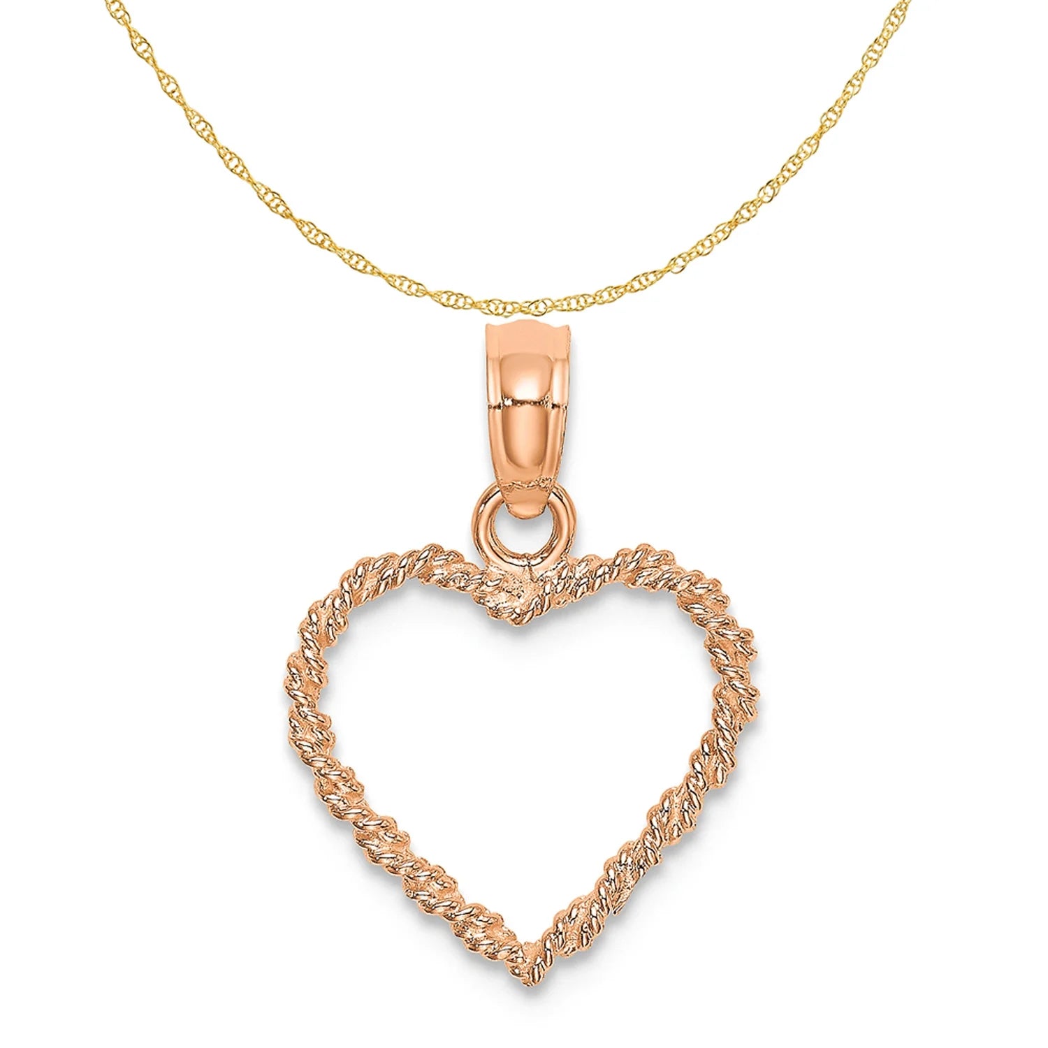 14K Rose Gold 3D Polished Rope Heart Pendant With 10K Yellow Gold Lightweight Rope Chain 16" G84739