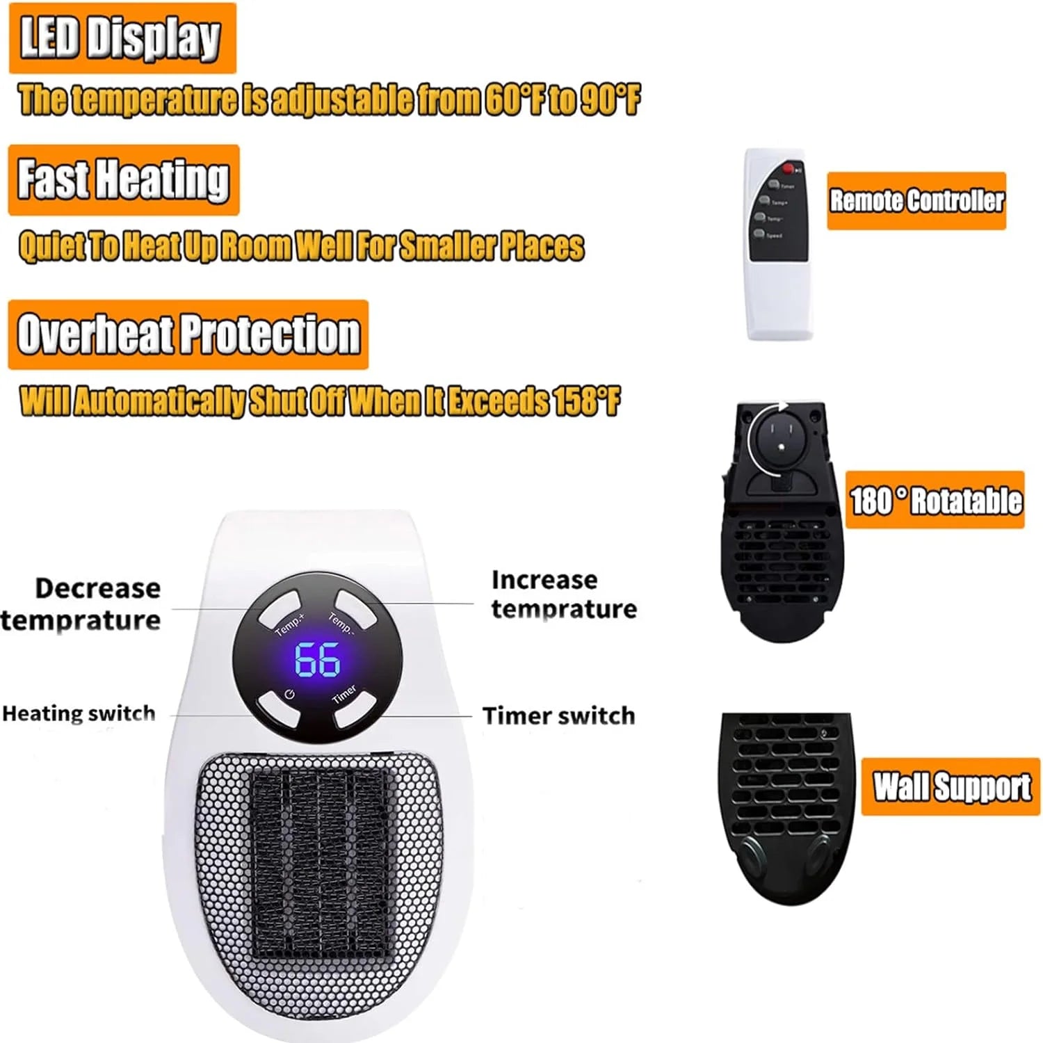 500W Smart Space Electric Fan Heater with Adjustable Thermostat and Timer L902