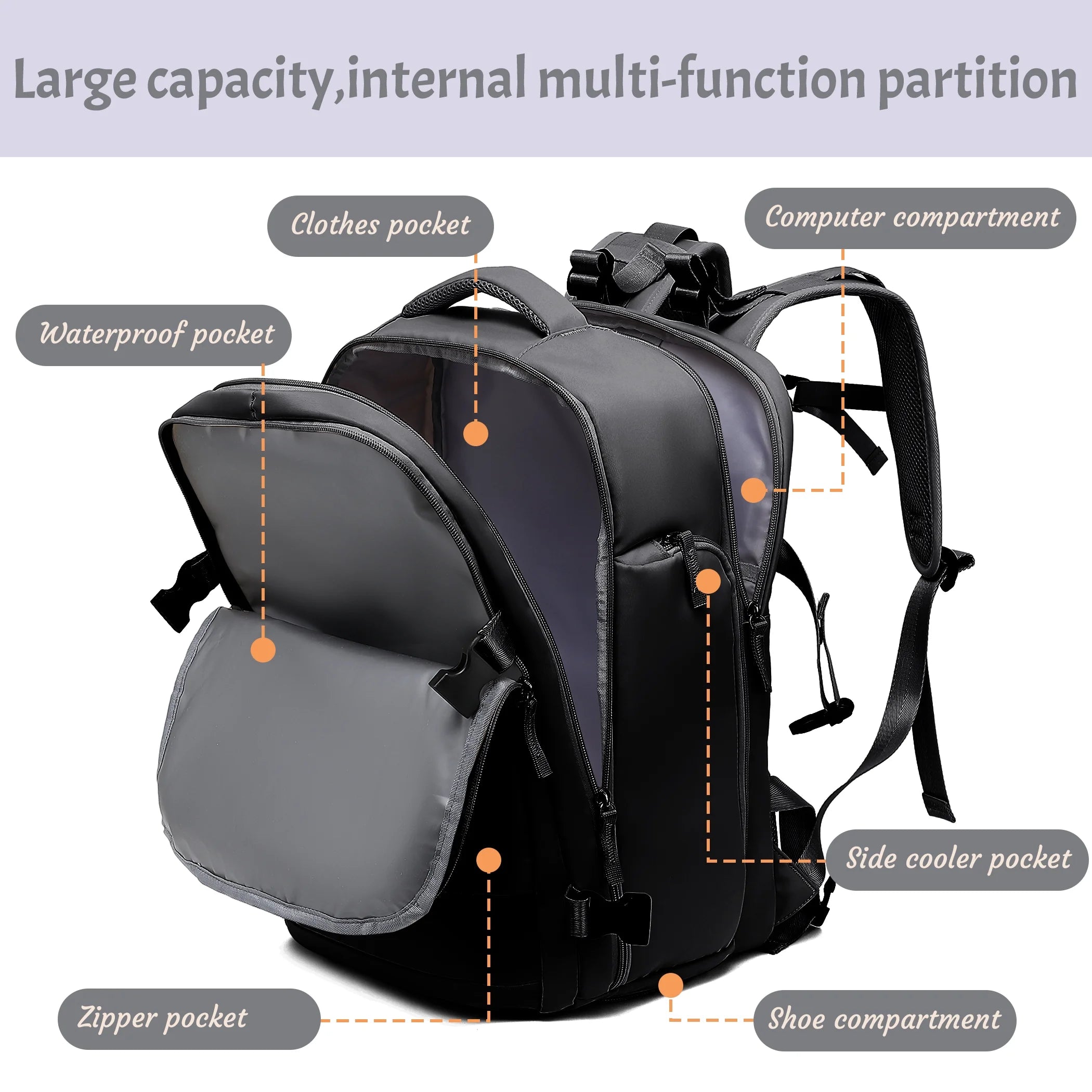 Black Waterproof Laptop Travel Backpack with USB Charging Port A305