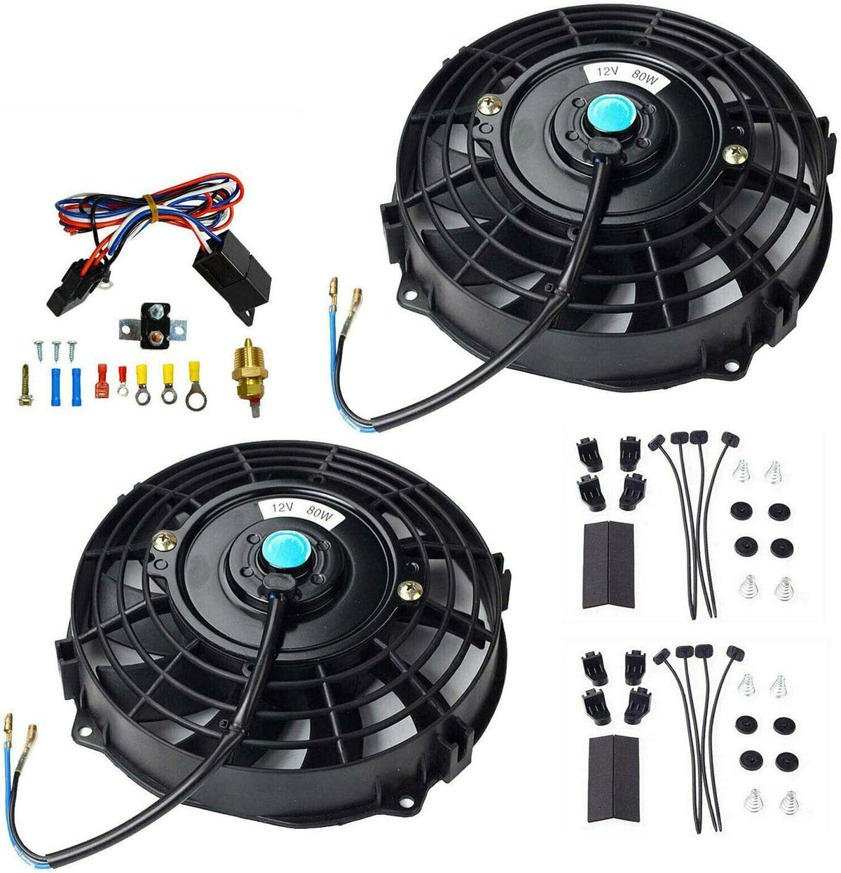 7" 12V Electric Radiator Cooling Fan with 3/8" Probe Thermostat Switch Kit Black (pack of 2) J753