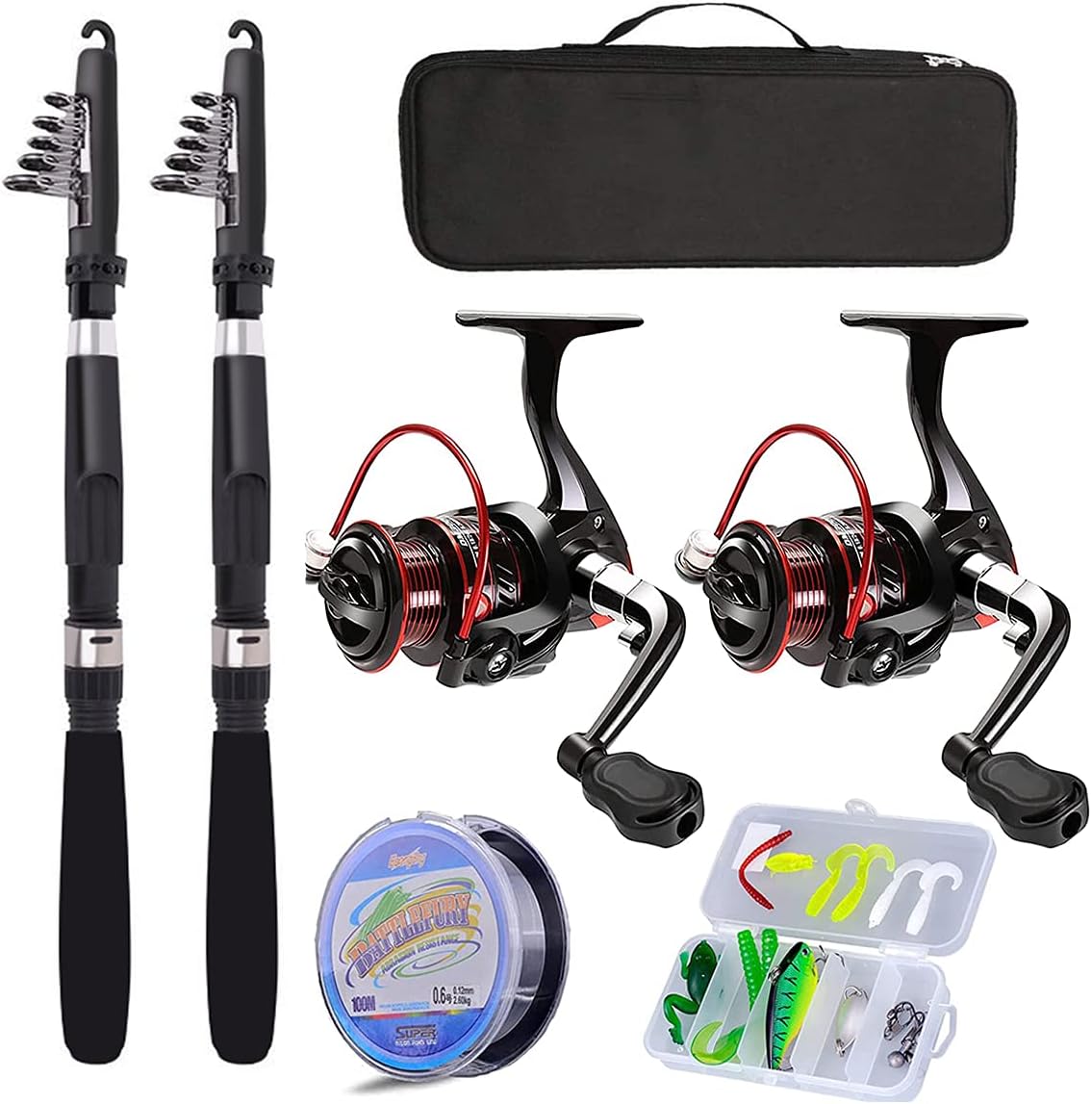 2.1m 2PCS Collapsible Carbon Fiber Fishing Rods with Spinning Reels Carrier Bag O55877