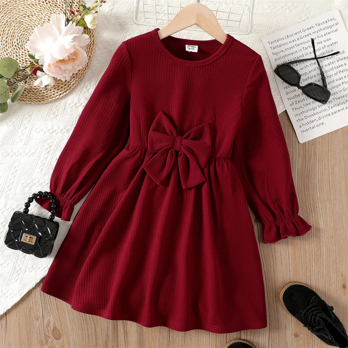 Red 3D Bowknot Long Sleeve Dress K381