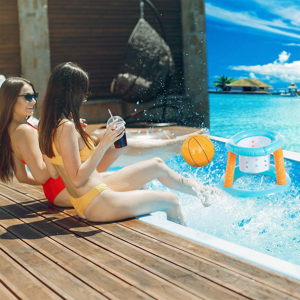 Lilac Inflatable Pool Volleyball Net Set Basketball Hoop with 2 Balls Large Size Outdoor Pool Games S3045