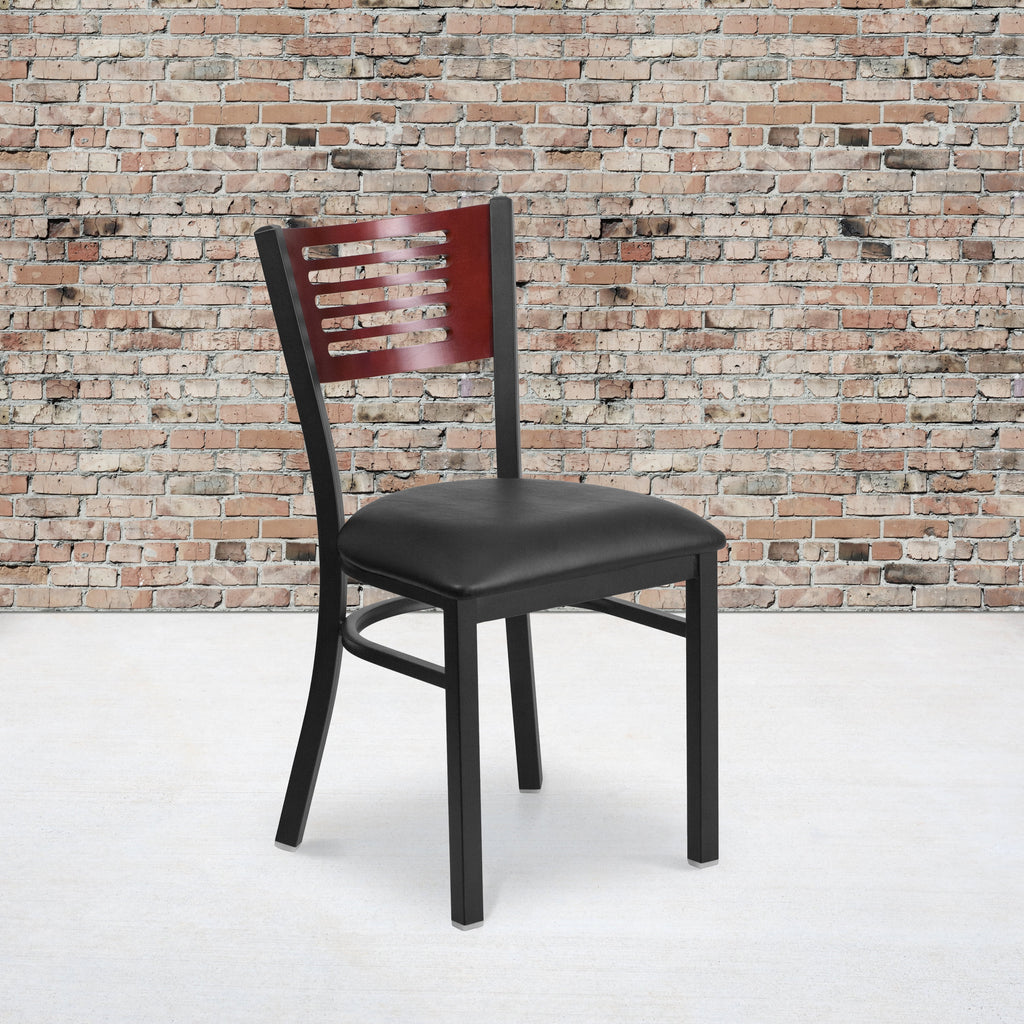 Black Slat Back Metal Restaurant Chair with Wood Back and Vinyl Seat S40501