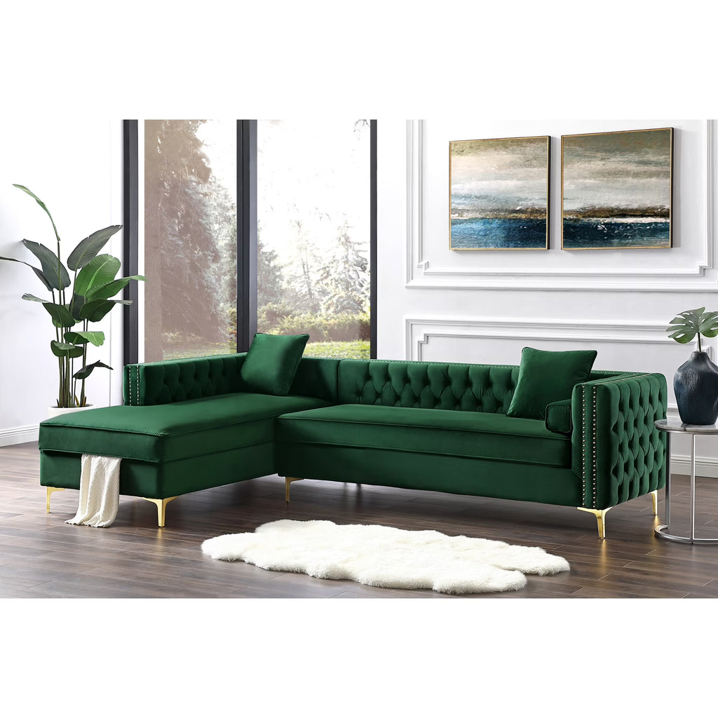 Hunter Green Velvet Chaise Sectional Sofa with Gold Nailhead Trim W831198