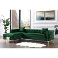 Hunter Green Velvet Chaise Sectional Sofa with Gold Nailhead Trim W831198