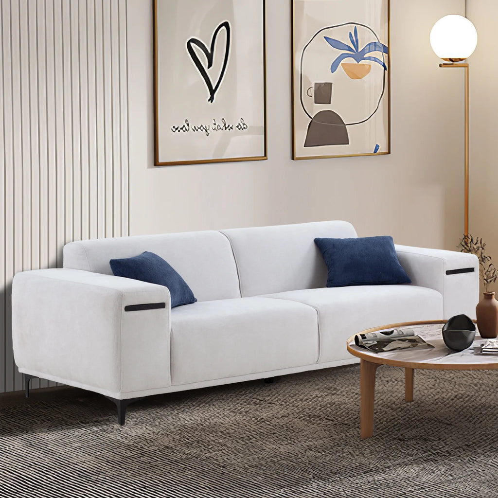 Beige 3 Seater Sofa with 2 Walnut Tray Tables T637