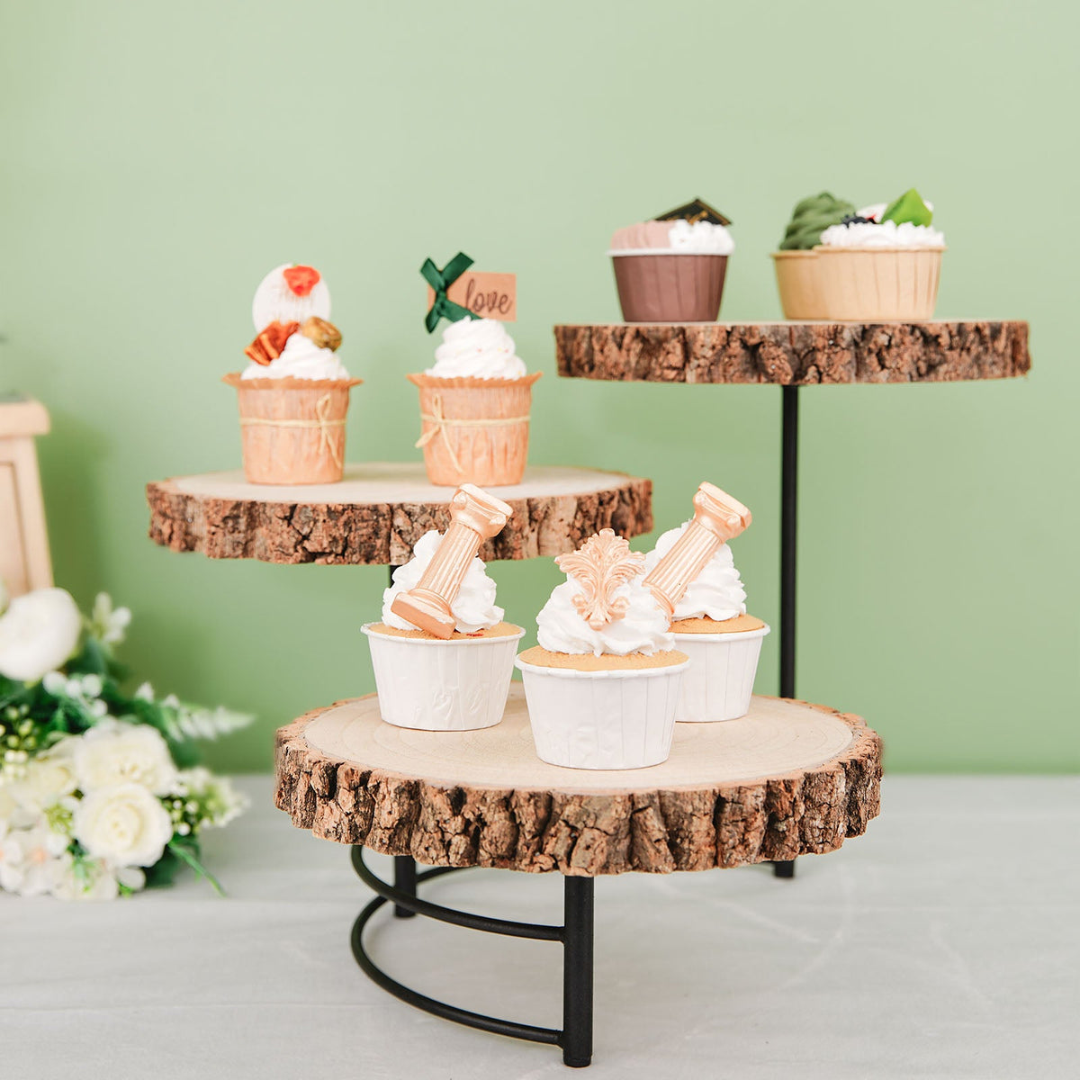 3-Tier Wood Slice Cheese Board and Cupcake Stand A4440