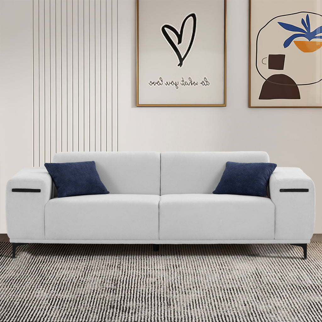 Beige 3 Seater Sofa with 2 Walnut Tray Tables T637