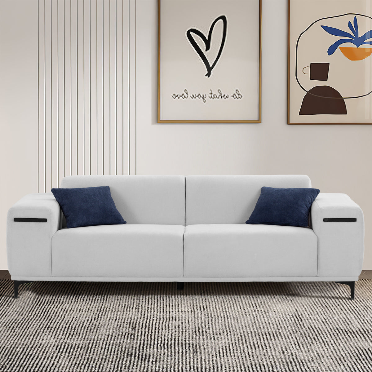 Beige 3 Seater Sofa with 2 Walnut Tray Tables T637