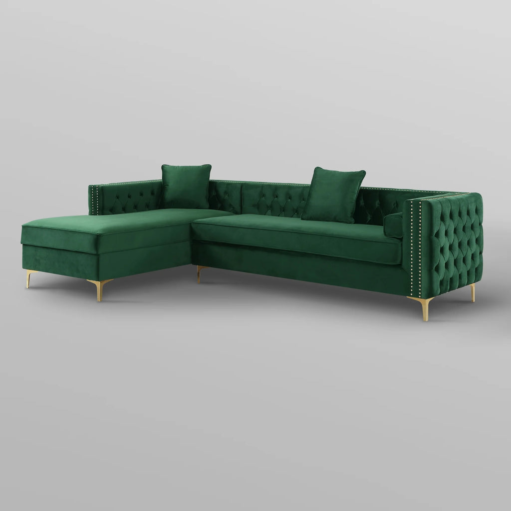 Hunter Green Velvet Chaise Sectional Sofa with Gold Nailhead Trim W831198