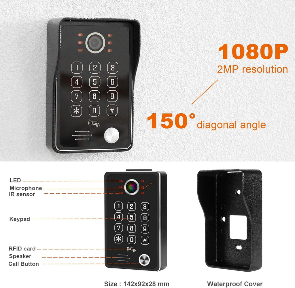 WiFi Video Doorbell with Monitor, 7 Inch Touch Screen Camera 1080P, RFID Password Unlock H1222
