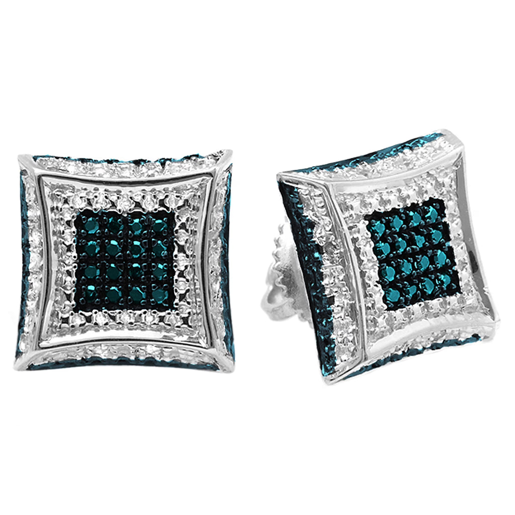 0.15 Carat Round Blue & White Diamond Micro Pave Screwback Stud Earrings in 925 Sterling Silver W9394
