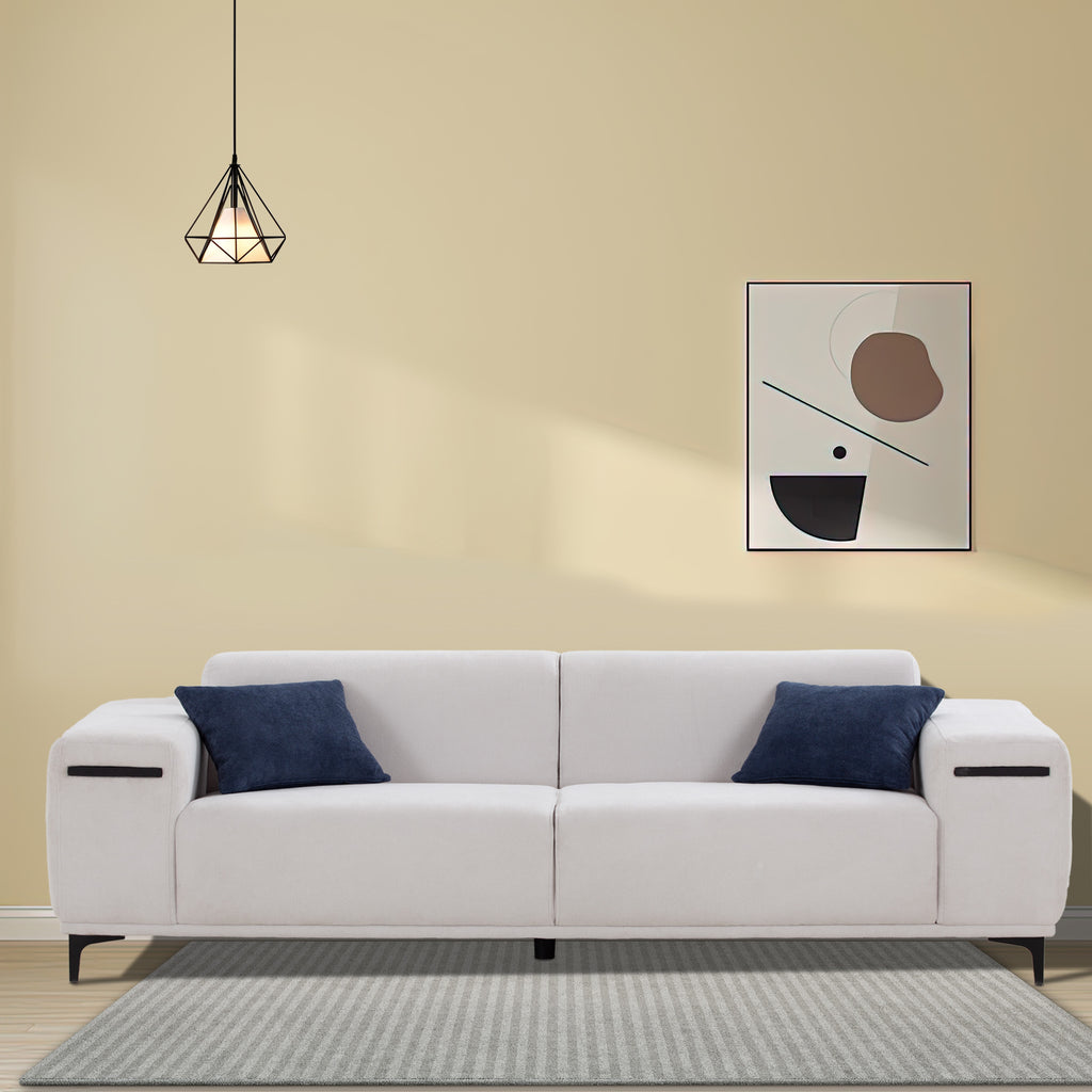 Beige 3 Seater Sofa with 2 Walnut Tray Tables T637