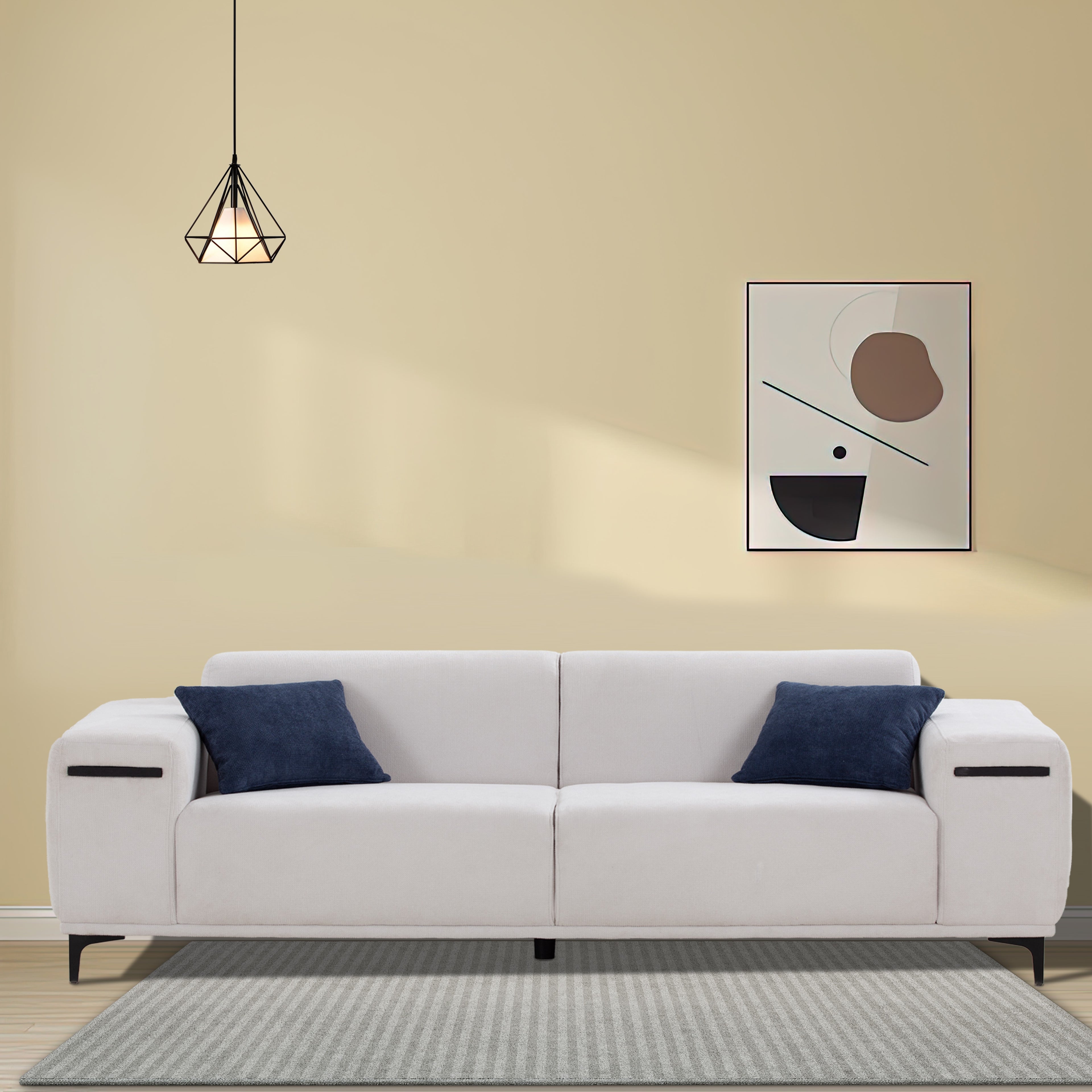Beige 3 Seater Sofa with 2 Walnut Tray Tables T637