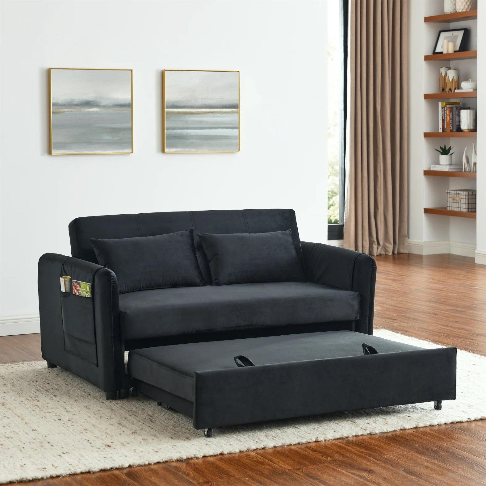 Black Velvet Sleeper Sofa Bed Convertible Pull Out Loveseat X408053