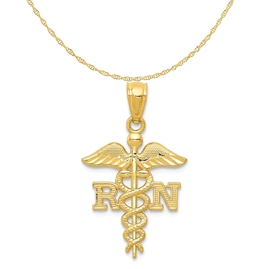 14K Yellow Gold Diamond-Cut Nurse Pendant Charm with 10K Yellow Gold Rope Chain Necklace 20'' R962