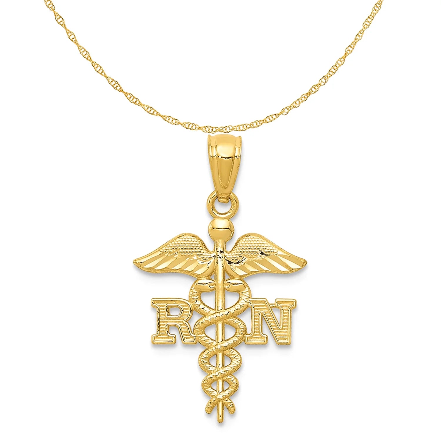 14K Yellow Gold Diamond-Cut Nurse Pendant Charm with 10K Yellow Gold Rope Chain Necklace 20'' R962