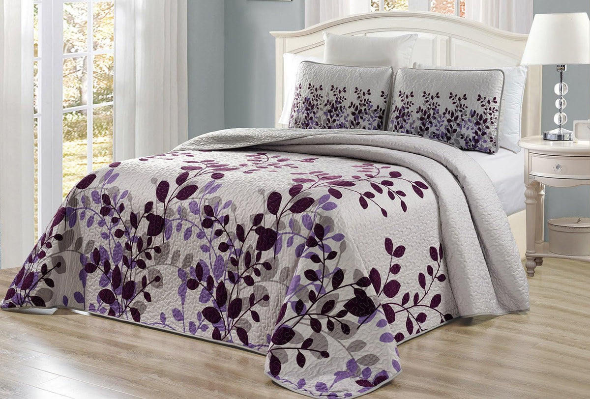 Purple Grey Vine Reversible King Size Quilt Set O837