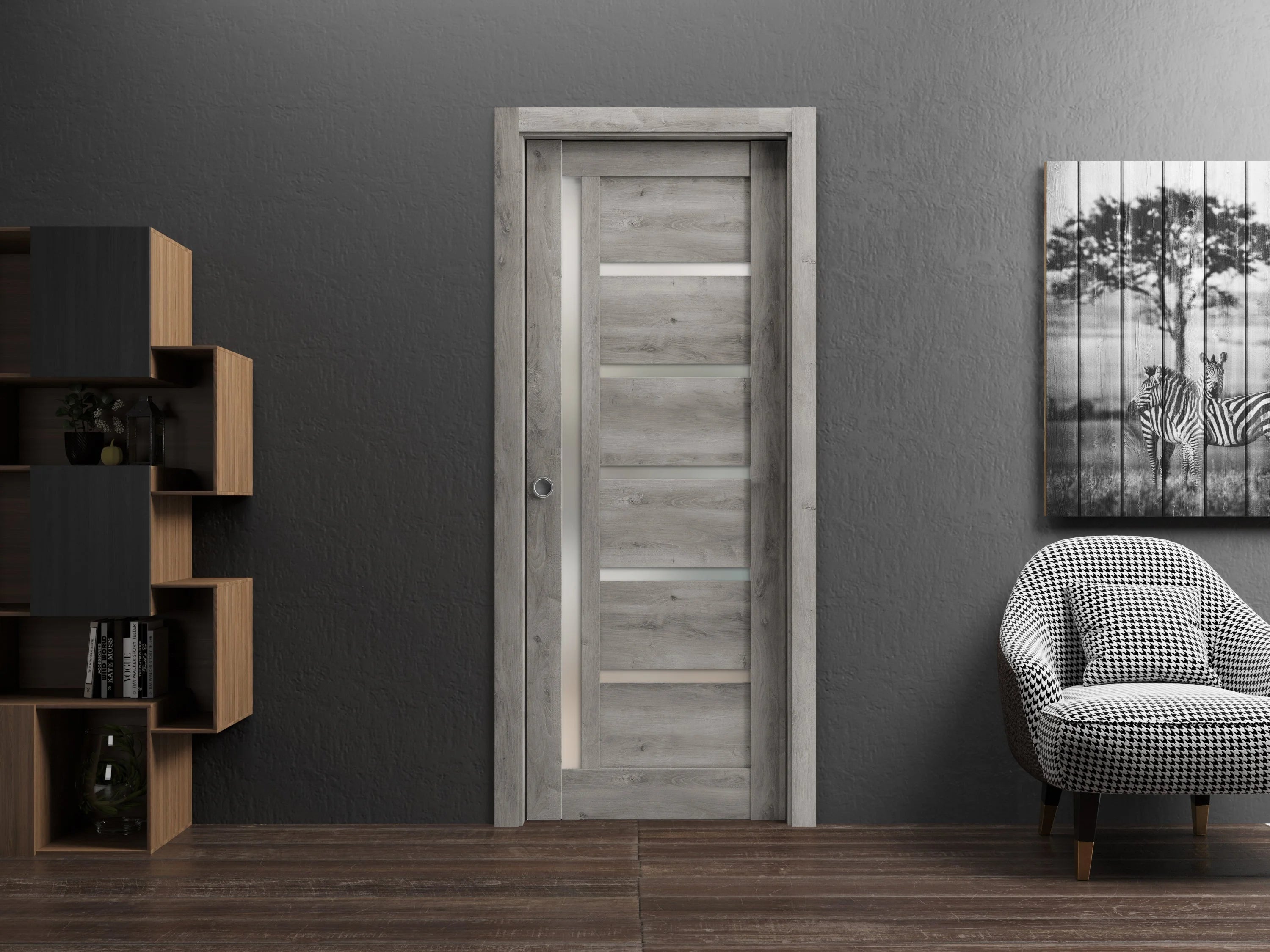 Sliding French Pocket Door 18 x 80 inches with Frosted Glass Solid Wood Interior Door A91248