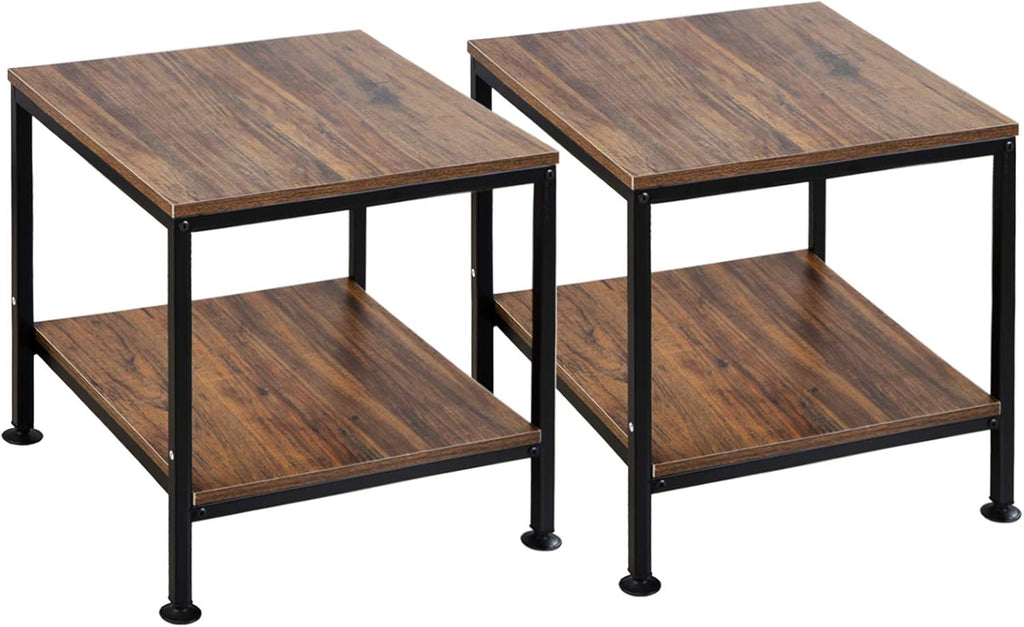 20 Inch 2 Tiers Square End Table with Metal Frame, Rustic Grey Side Table J479