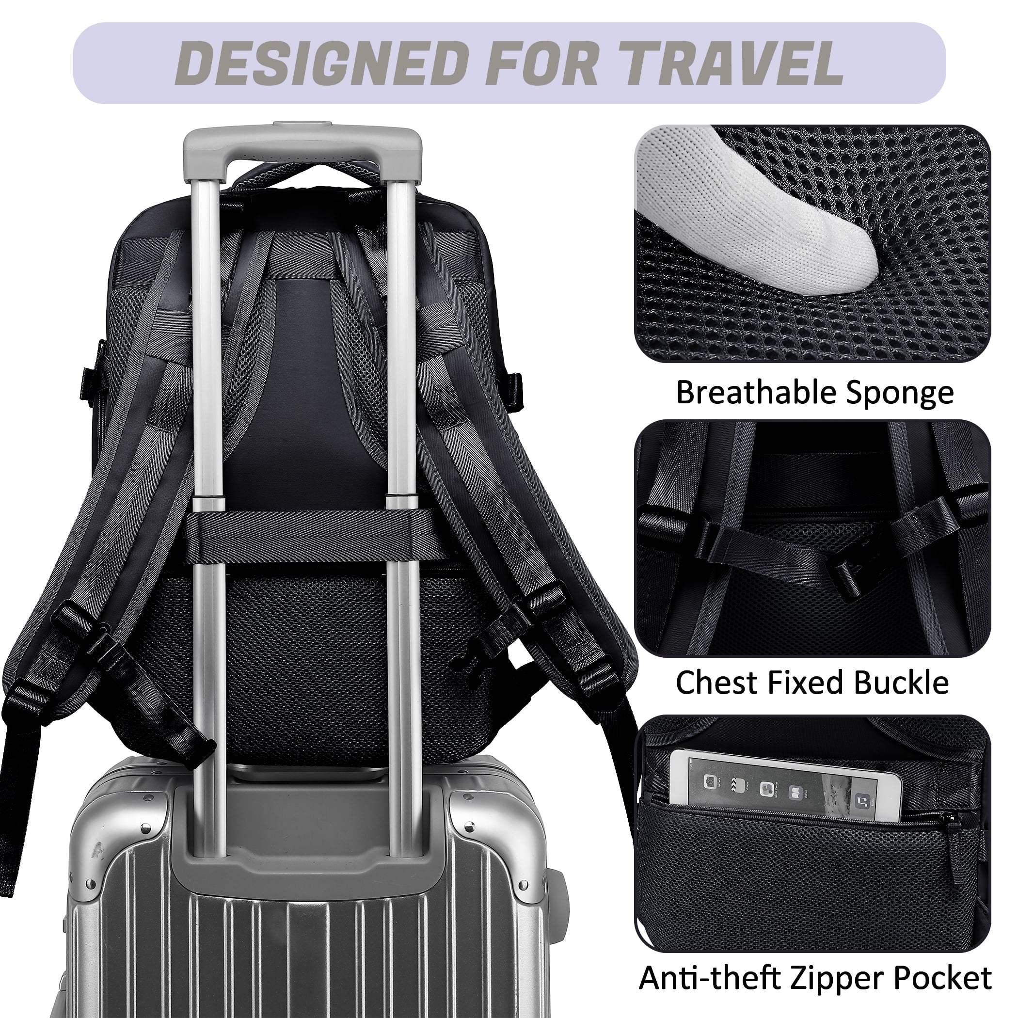 Black Waterproof Laptop Travel Backpack with USB Charging Port A305