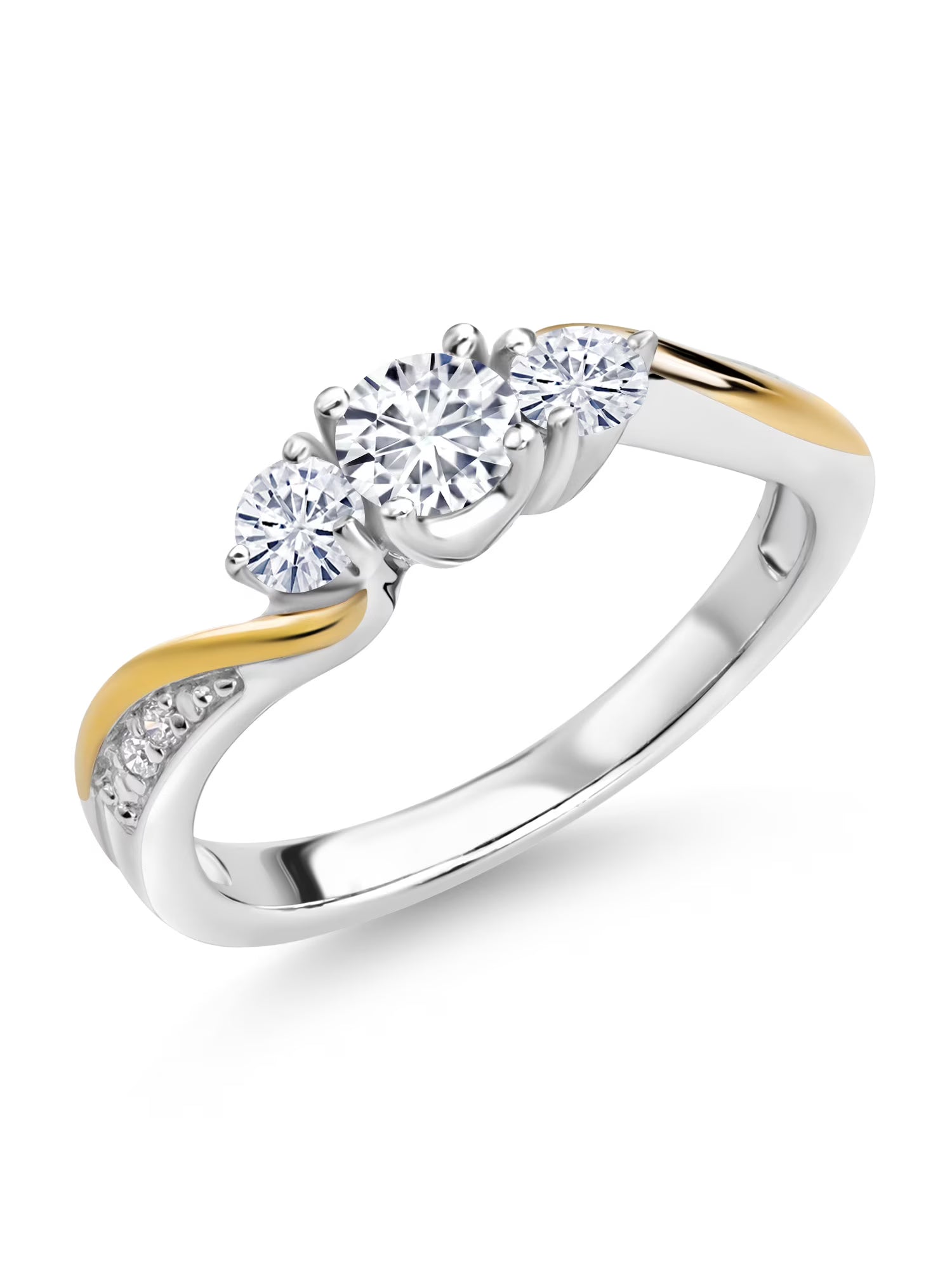 925 Sterling Silver 10K Yellow Gold White Lab Grown Diamond White Moissanite 3 Stone Engagement Ring D695
