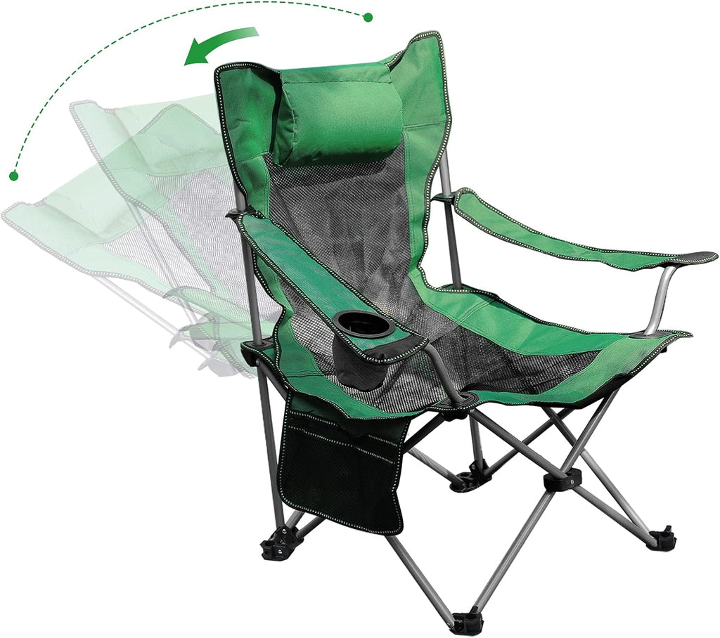 Green Folding Recliner Camping Chair with Headrest Cup Holders Side Pocket Z786978
